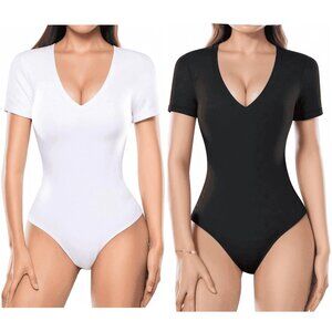 2-Pack Women’s Tummy Control Deep V-Neck Short Sleeve Bodysuits – Black + White